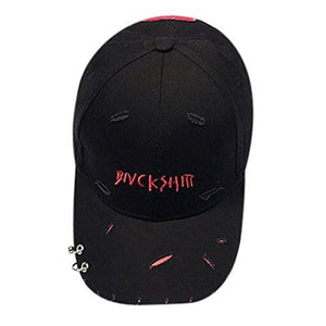 Unisex Fashion Embroidery Letter Metal Ring Baseball Cap Adjustable Snapback Hip Hop Flat Hat Black