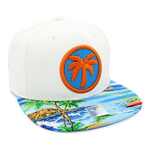 Embroidered Palm Tree Tropical Hawaiian Print Snapback Cap 100% Whiteblue